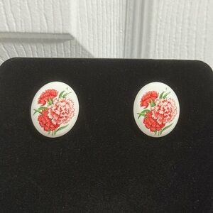 Vintage Red Pink Carnation Floral Ceramic Earrings